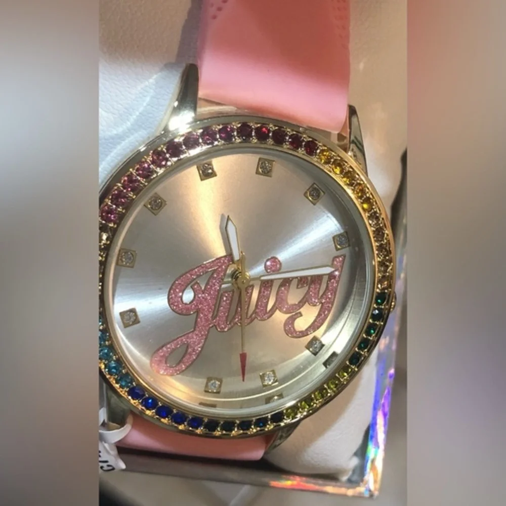 Juicy Couture black label pink silicon strap silver face rainbow dial‎ watch new